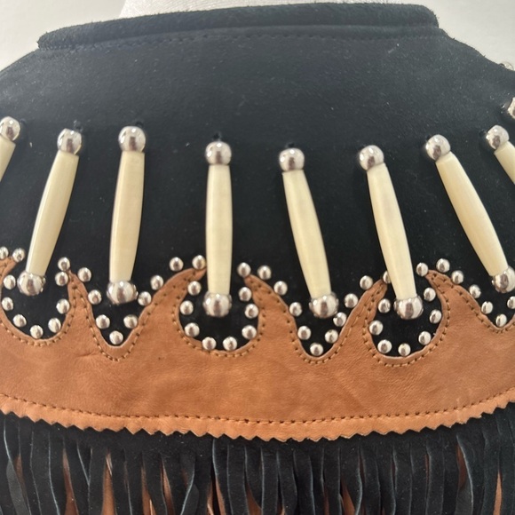 Vtg Leather Gallery Black Suede & Leather Jacket Fringe Faux Bone Beads - Picture 5 of 7